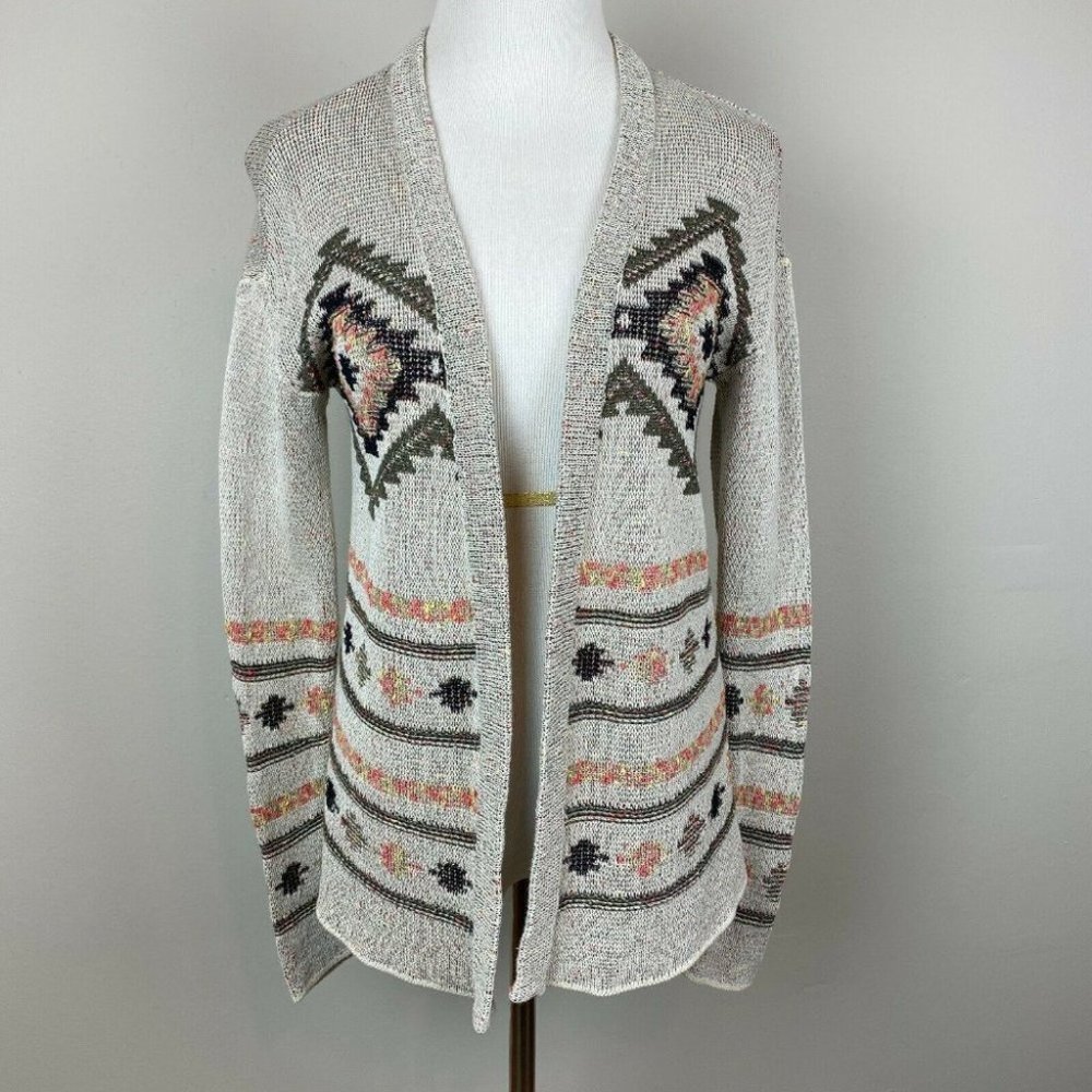 J. Jill Cardigan Sweater‎ XS Knit Aztec Tribal Pattern Open Front Long Sleeve